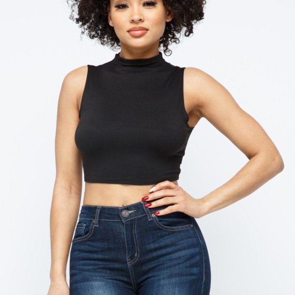 Women's High Neck Crop Tops Basic Racer Back Cropped Tank Sleeveless Shirts - Picture 2 of 7